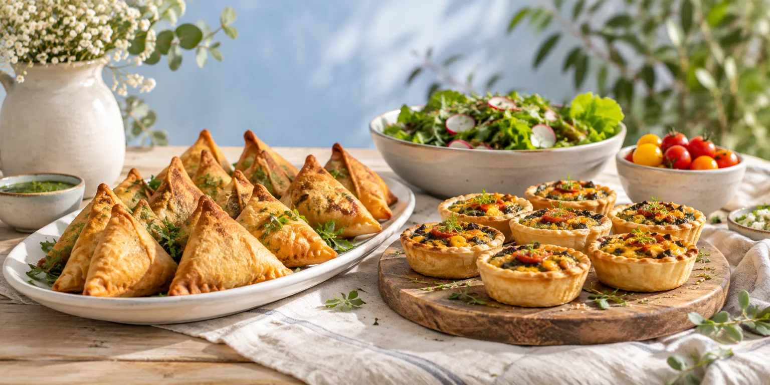 A vegetarian catering spread of samosas, savoury tartlets and fresh salads