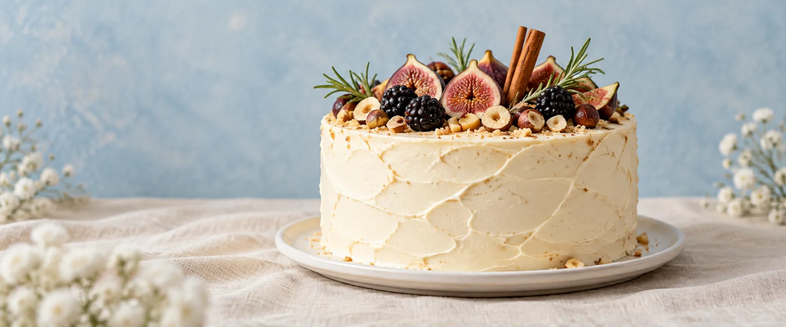 A custom celebration cake with white frosting, figs, blackberries and hazelnuts