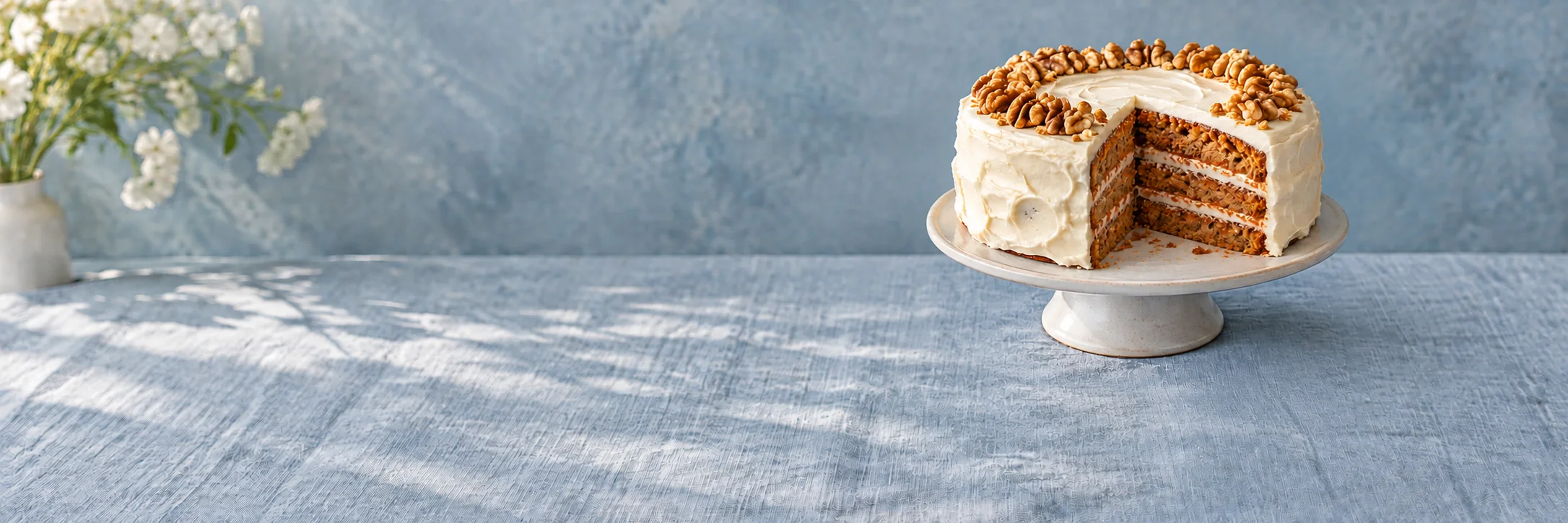 Homemade carrot cake with cream cheese frosting and walnuts, sliced to reveal its layers