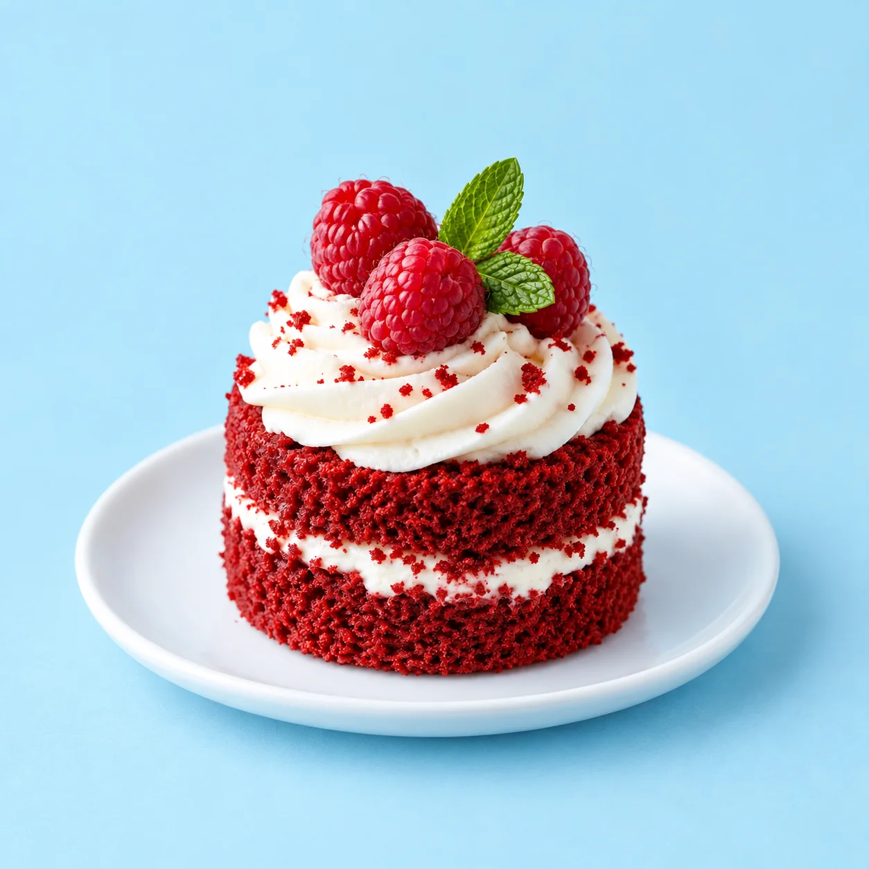 Petit gâteau velours rouge garni de crème, de framboises et de menthe