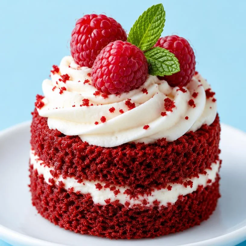 Red velvet mini cake topped with cream, raspberries and mint
